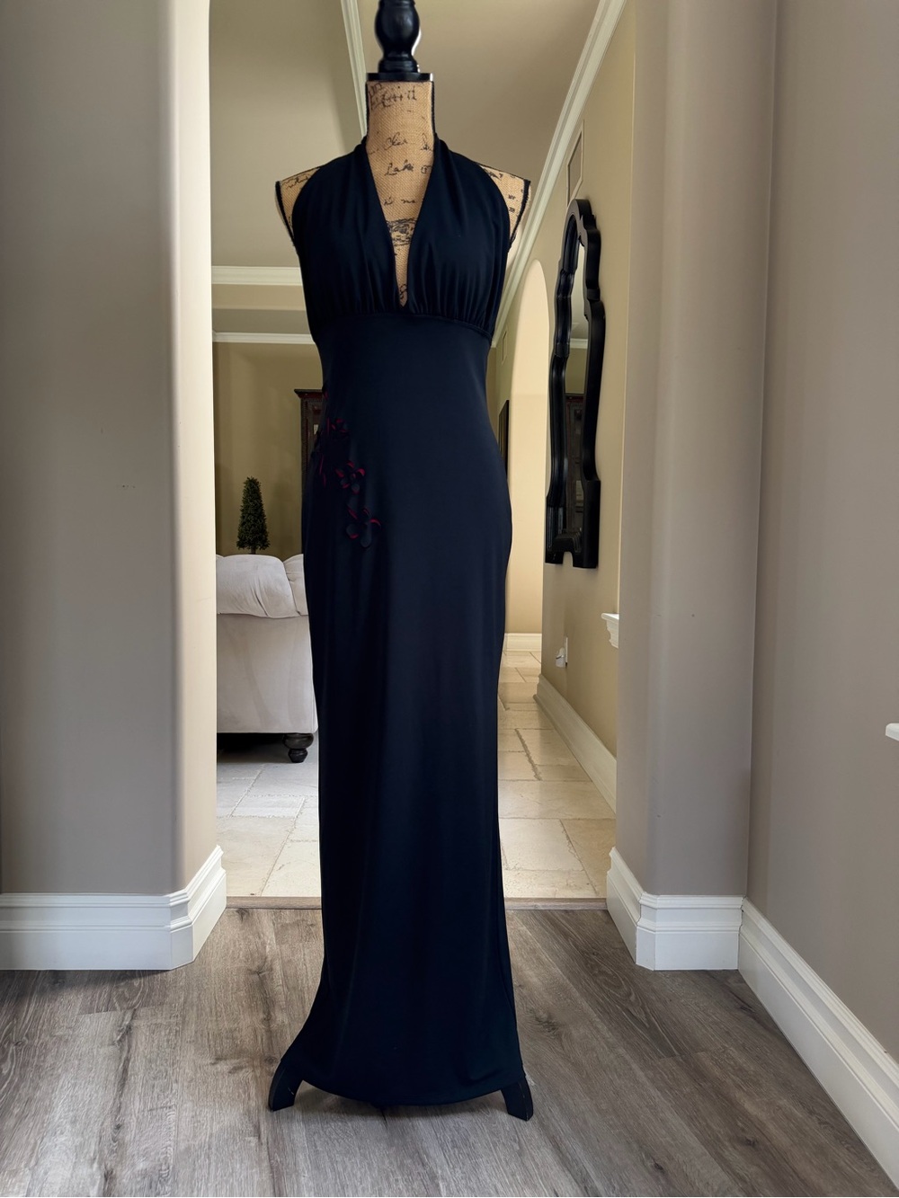 Vintage 1998 GINO Black Halter Plunging Maxi Dress | Res Floral Accent | Sz M/L